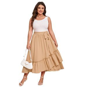 3965 Summer High Waist Skirt Boho Tie Knot Maxi Skirt Casual Beach Ruffled
